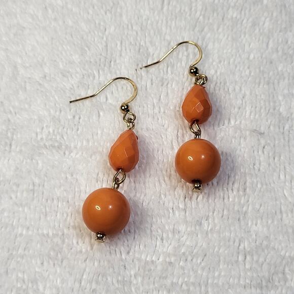 Gold Tone Orange Dangle Earrings - Lightweight Beaded - Picture 6 of 8